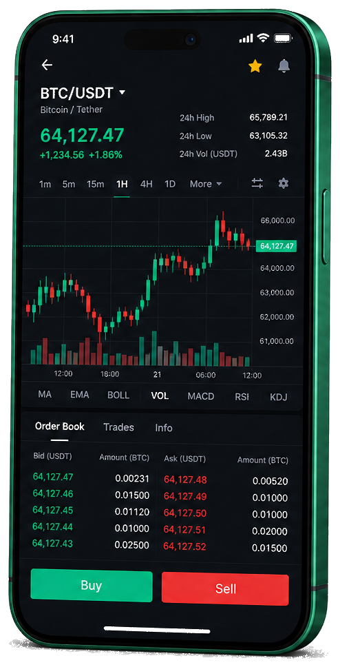 Platform trading CryptoTekno pada ponsel — grafik BTC/USDT langsung, order book, serta panel beli dan jual